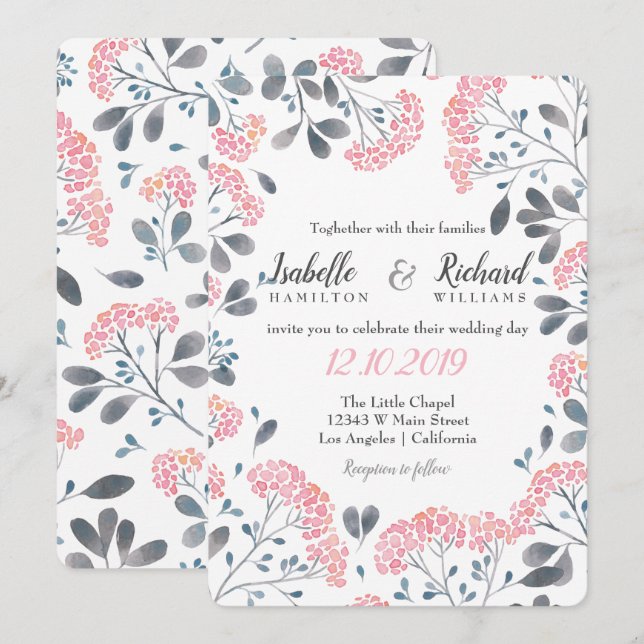 Floral chic grey pink frame watercolor wedding invitation (Front/Back)