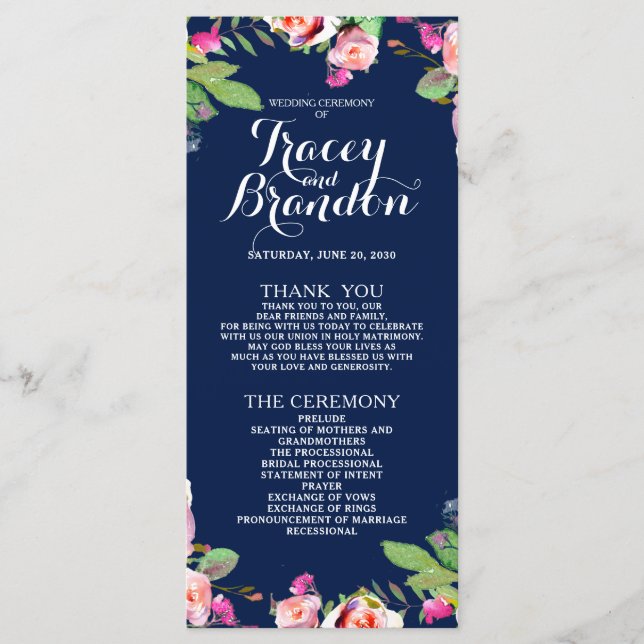 Floral Chic Navy Blue Elegant Wedding Programme (Devant)