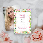Floral Chic Pink Gold Editable Quinceanera Photo Save The Date<br><div class="desc">Save the Date Card for your Quinceanera with chic floral design in pink and gold. Feminine dreamy design of watercolor rose blooms, flowers and greenery with gold highlights. Beautiful choice and easily customized to suit any other important celebration. Please see my Floral Chic collection for matching items or, message me...</div>
