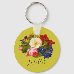 Floral Chic Pink White Rose Red Inshallah Green Keychain