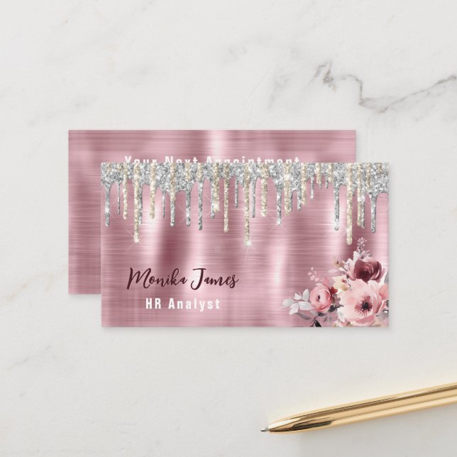 Floral Chic Rose Blush Pink dripping Appointment Card (Front/Back In Situ)