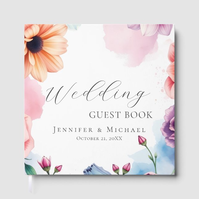 Floral Chic Simple Minimalist Modern Plain Wedding Guest Book (Front)