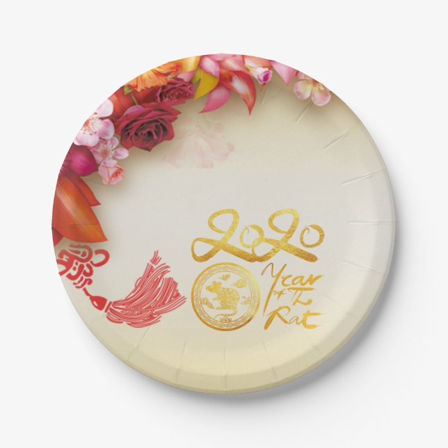 Floral Chinese gold Paper-cut Rat 2020 party PP Paper Plate (Front)