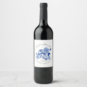 Floral Chinoiserie Bird Foliage Blue White Wedding Wine Label