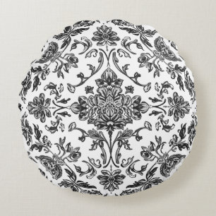 Floral Chinoiserie Black & White Watercolor Round Pillow