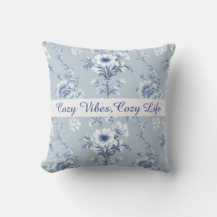 Floral Chinoiserie Blue Toile with custom text Throw Pillow