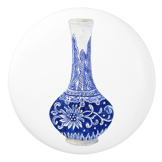 Floral Chinoiserie Blue White Foliage Ginger Jar Ceramic Knob (Front)