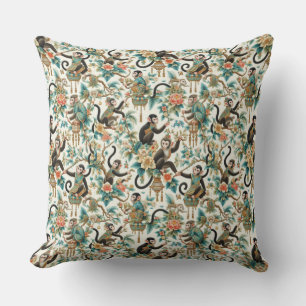 Floral Chinoiserie Monkey Throw Pillow