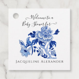 Floral Chinoiserie Navy Blue White Baby Shower Fav Favour Tags