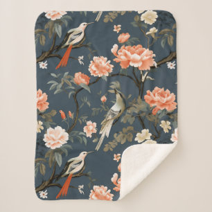 Floral Chinoiserie on Denim Blue Sherpa Blanket