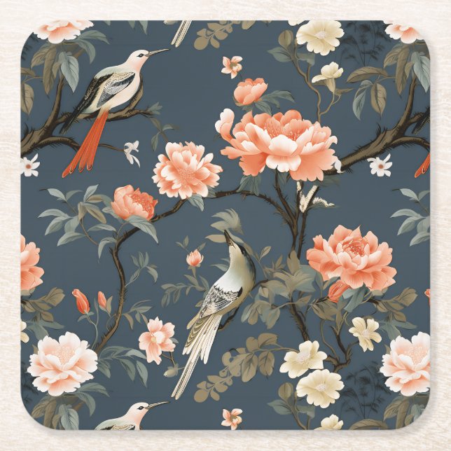 Floral Chinoiserie on Denim Blue Square Paper Coaster (Front)