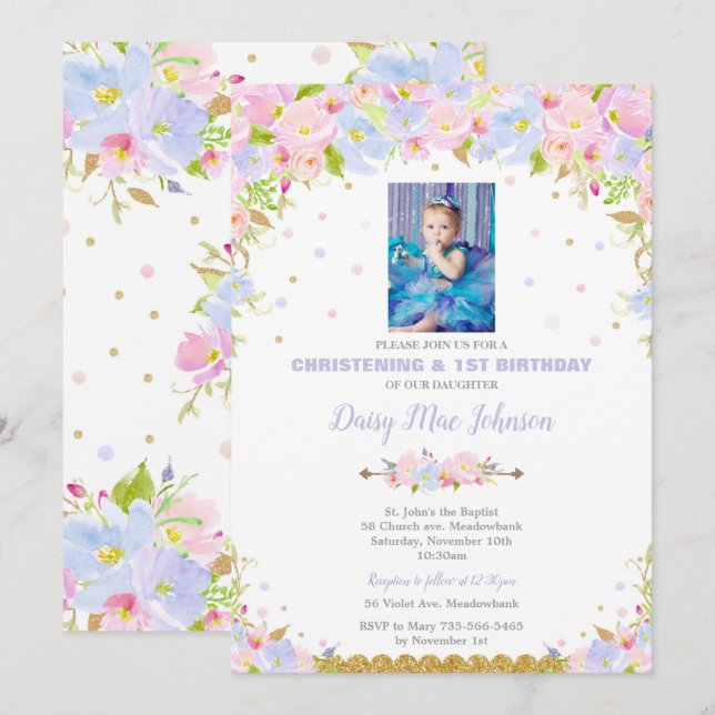 Floral Christening Invitations 1er anniversaire fi (Devant / Derrière)