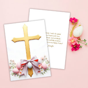Floral Christian Elegant Gold Cross Easter Holiday Card