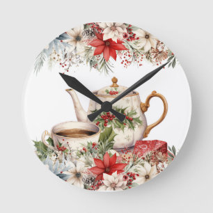 Floral Christmas Afternoon Tea Holiday Round Clock