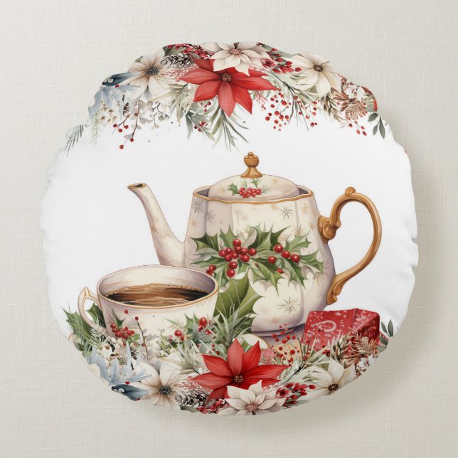 Floral Christmas Afternoon Tea Holiday Round Pillow (Front)