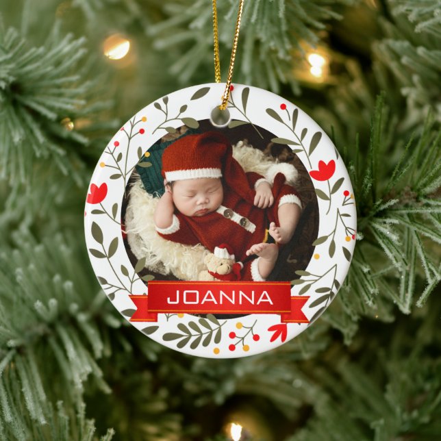 Floral Christmas Baby's First Christmas Photo Ceramic Ornament (Tree)