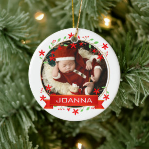 Floral Christmas Baby's First Christmas Photo Ceramic Ornament