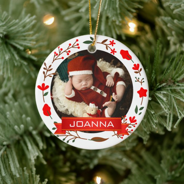 Floral Christmas Baby's First Christmas Photo Ceramic Ornament (Tree)