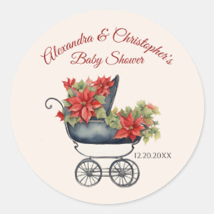Floral Christmas Carriage Baby Shower Classic Round Sticker