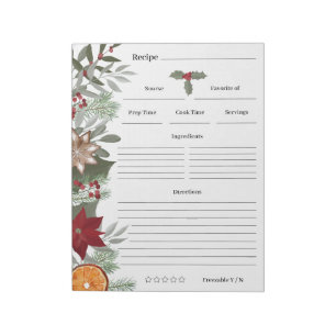 Floral Christmas Cooking Baking Recipes Notepad