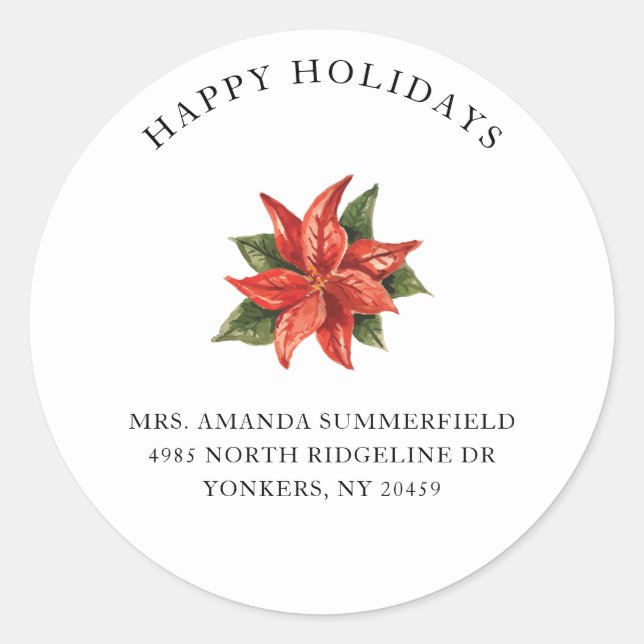 Floral Christmas Greetings Return Address Classic Round Sticker (Front)