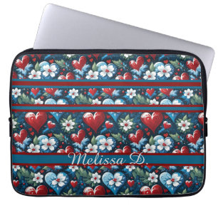 Floral Christmas Hearts in Red Blue and Green Laptop Sleeve