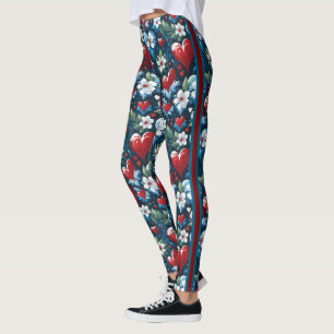 Floral Christmas Hearts in Red Blue and Green Leggings