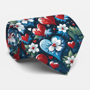 Floral Christmas Hearts in Red Blue and Green Tie