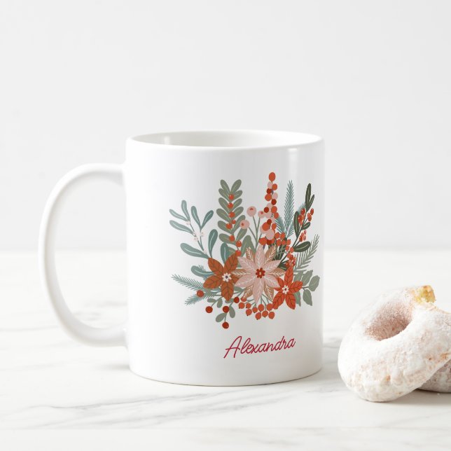 Floral Christmas Holiday Family Name  Coffee Mug (With Donut)