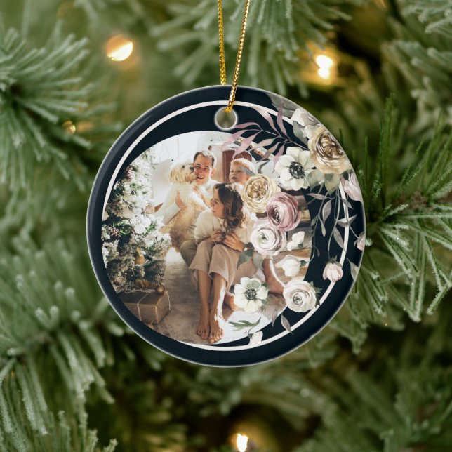 Floral Christmas Holiday Photo Personalized Ceramic Ornament (Tree)