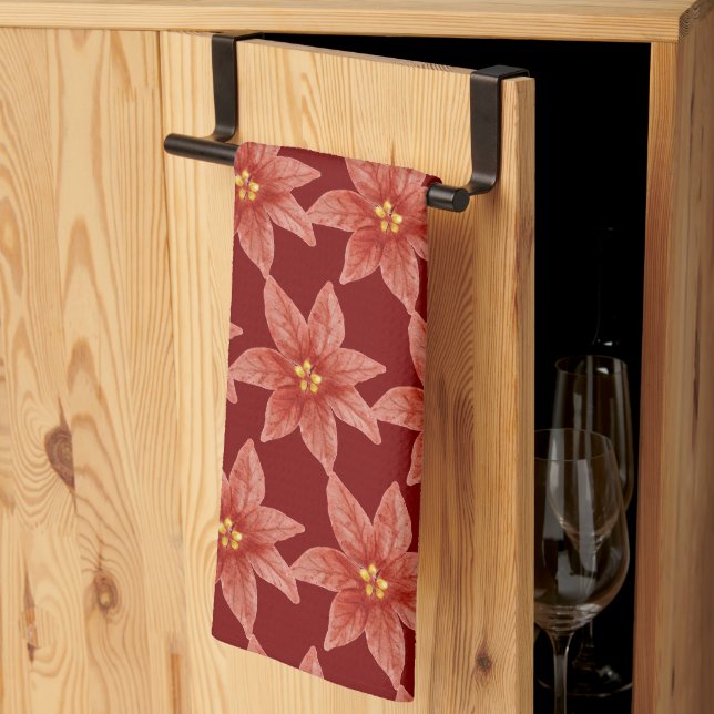 Floral Christmas Holiday Red Poinsettia  Kitchen Towel (Thirds Fold)