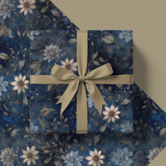 Floral Christmas Midnight Blue and Cream Gift  Wrapping Paper (Creator Uploaded)