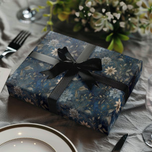 Floral Christmas Midnight Blue and Cream Gift  Wrapping Paper Sheet
