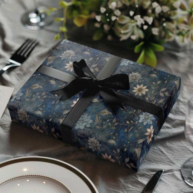 Floral Christmas Midnight Blue and Cream Gift  Wrapping Paper Sheet (Creator Uploaded)