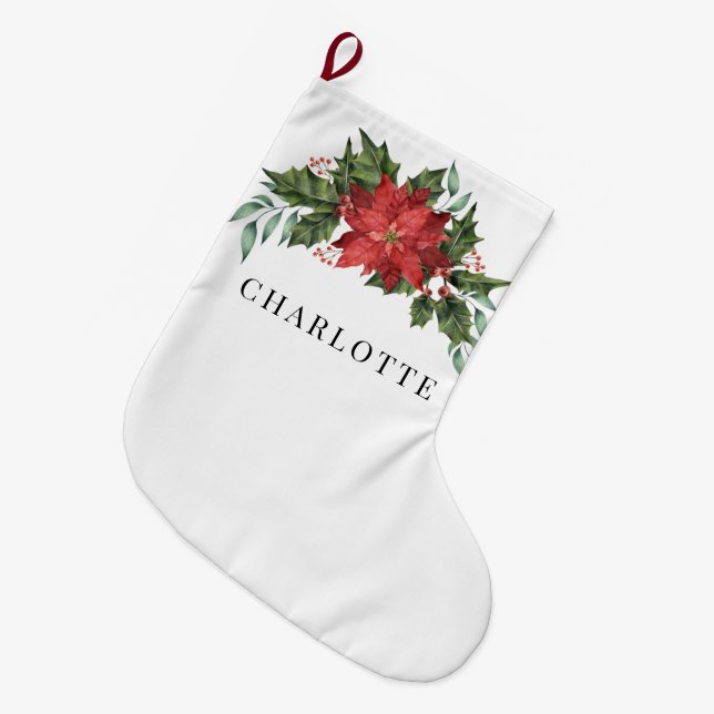 Floral Christmas Poinsettia Greenery Custom Large Christmas Stocking (Front (Hanging))