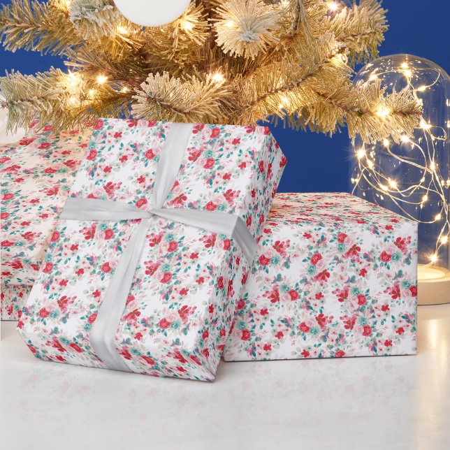 Floral Christmas red turquoise botanical pattern Wrapping Paper (Holidays)