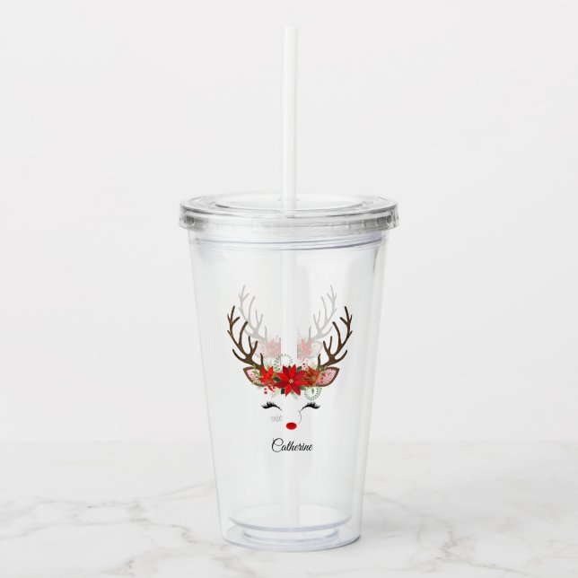 Floral Christmas Reindeer Personalized Name Acrylic Tumbler (Front)
