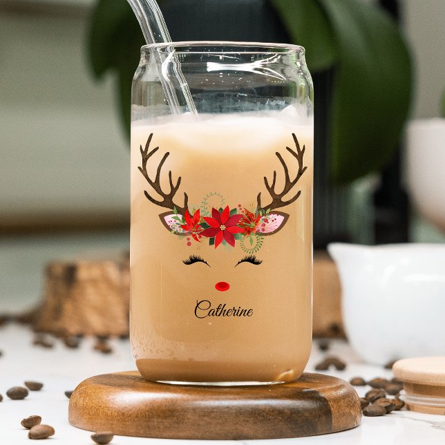 Floral Christmas Reindeer Personalized Name Can Glass (Creator Uploaded)
