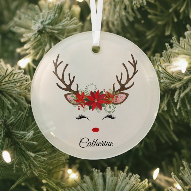 Floral Christmas Reindeer Personalized Name Glass Ornament (Insitu)