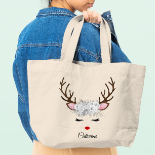 Floral Christmas Reindeer Personalized Name Large Tote Bag