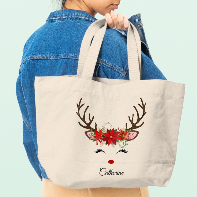 Floral Christmas Reindeer Personalized Name Large Tote Bag (Creator Uploaded)