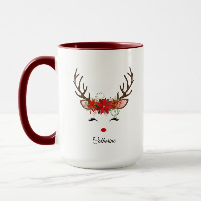 Floral Christmas Reindeer Personalized Name Mug (Left)