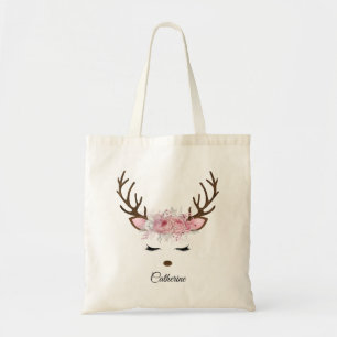 Floral Christmas Reindeer Personalized Name Tote Bag