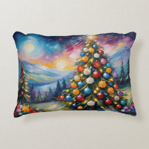 Floral Christmas Tree and Pastel Night Sky Accent Pillow