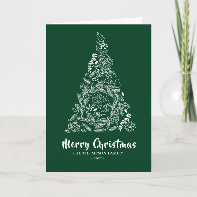 Floral Christmas Tree |Poinsettia Pine Bough Green Holiday Card (Front)