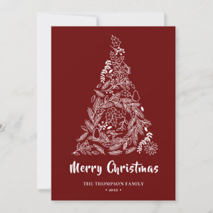 Floral Christmas Tree Poinsettia Pine Bough Red Holiday Card
