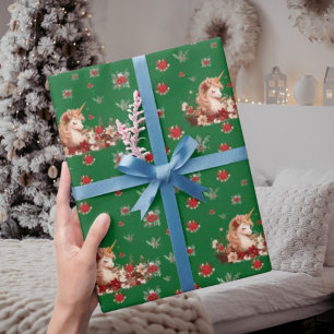 Floral Christmas Unicorn Green Girl Wrapping Paper