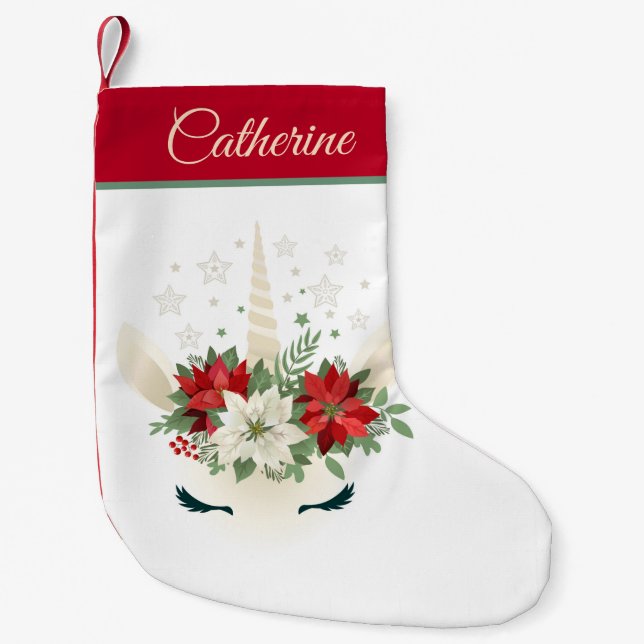 Floral Christmas Unicorn | Holidays Personalized Small Christmas Stocking (Front)