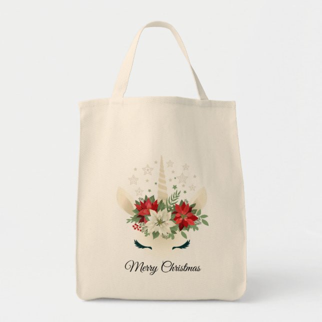 Floral Christmas Unicorn | Merry Christmas Tote Bag (Front)