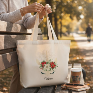 Floral Christmas Unicorn Personalized Name Large Tote Bag